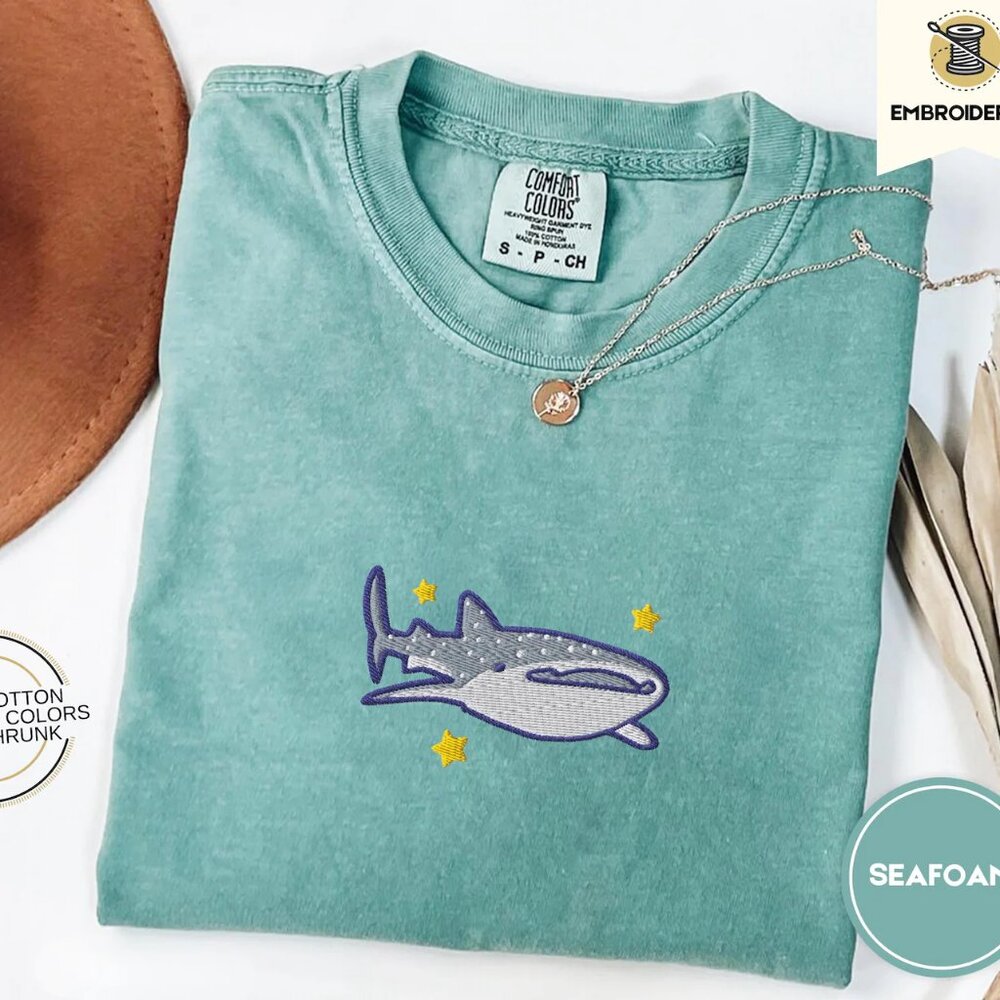 New Comfort Colors whale shark whimsical novelty embroidered 100% cotton t-shirt